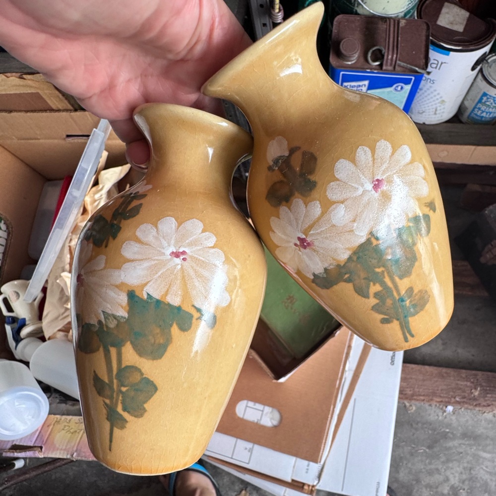 Vintage hand painted Floral Ceramic Vase set of 2 Yellow and Green